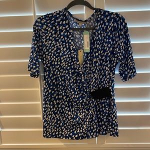 Blue & white print blouse with waist detail